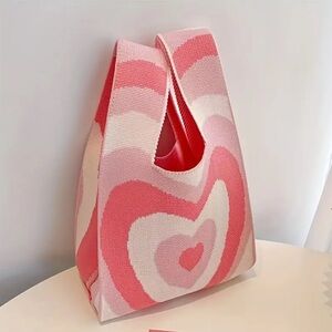 Heavy Woven Knit Heart Pattern Tote Purse Bag Japanese Knot  Closure Style